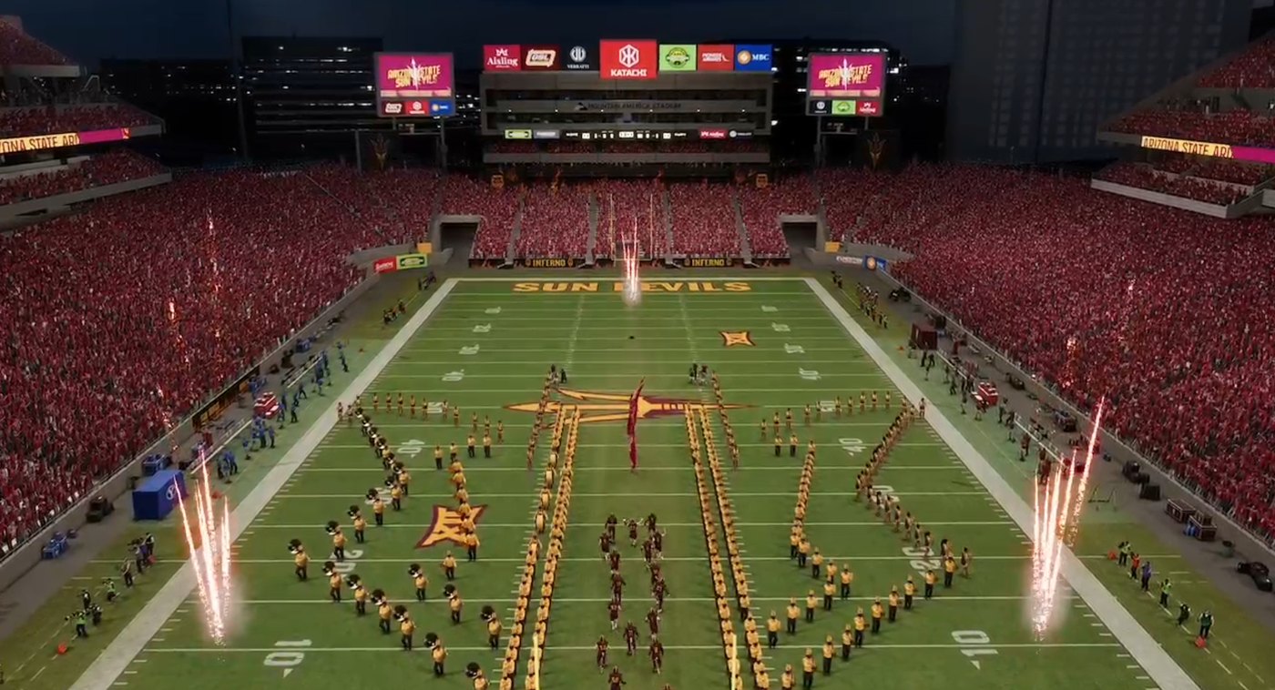 The Sun Devils take the field through the band's pitchfork formation.